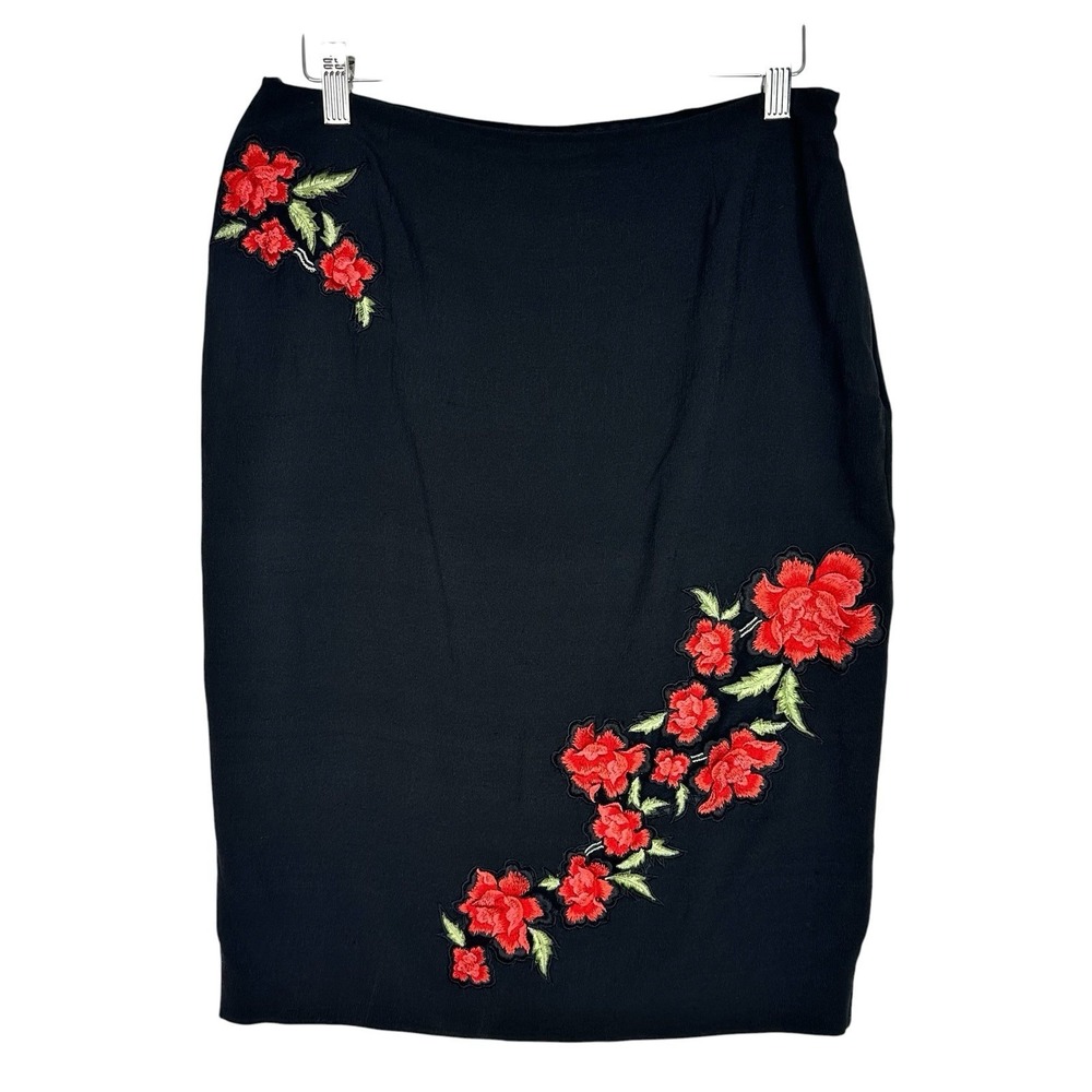 Karen Millen Silk Pencil Skirt Black Floral Embroidered 12 Lined Y2K Knee Length